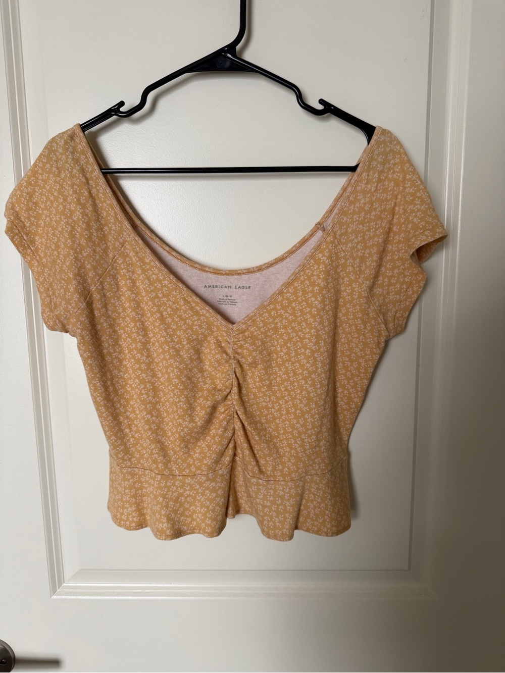 American Eagle Outfitters Mustard Floral Ruched V-Neck Crop Top